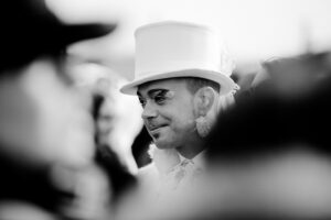 Venice-Man in top hat for Carnival in St. Mark's Square, black & white landscape photo