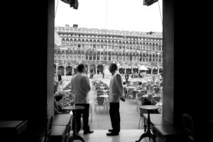 Venice - waiters at Cafe Florian in St. Mark's Square, black and white landscape photo