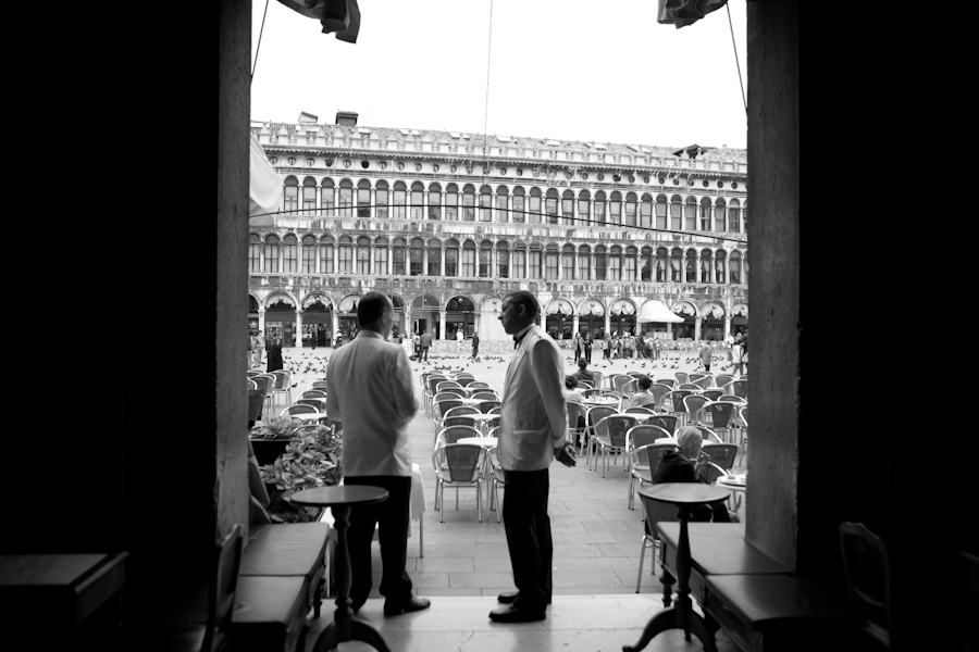 Venice - waiters at Cafe Florian in St. Mark's Square, black and white landscape photo