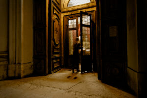 Venice - woman at Church of Gesuati, color landscape photo