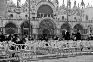 Venice - S. Mark's Basilica facade on a bright late winter morning, black and white landscape photo