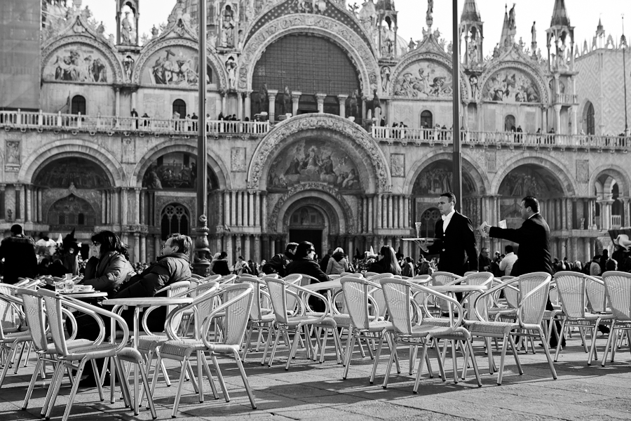 Venice - S. Mark's Basilica facade on a bright late winter morning, black and white landscape photo
