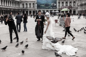 Venice - newlyweds from Asia take a walk in St. Mark's square, color landscape photo