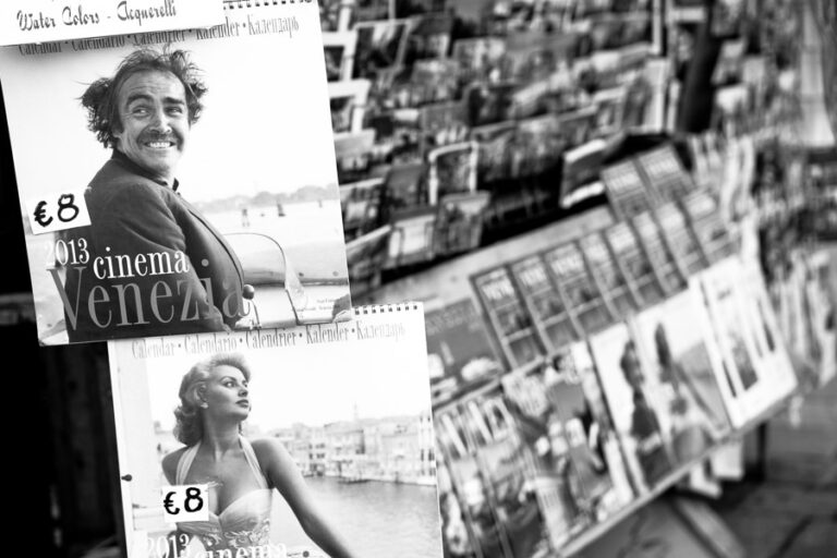 Venice - newstand at Ponte dell'Accademia, black and white landscape photo